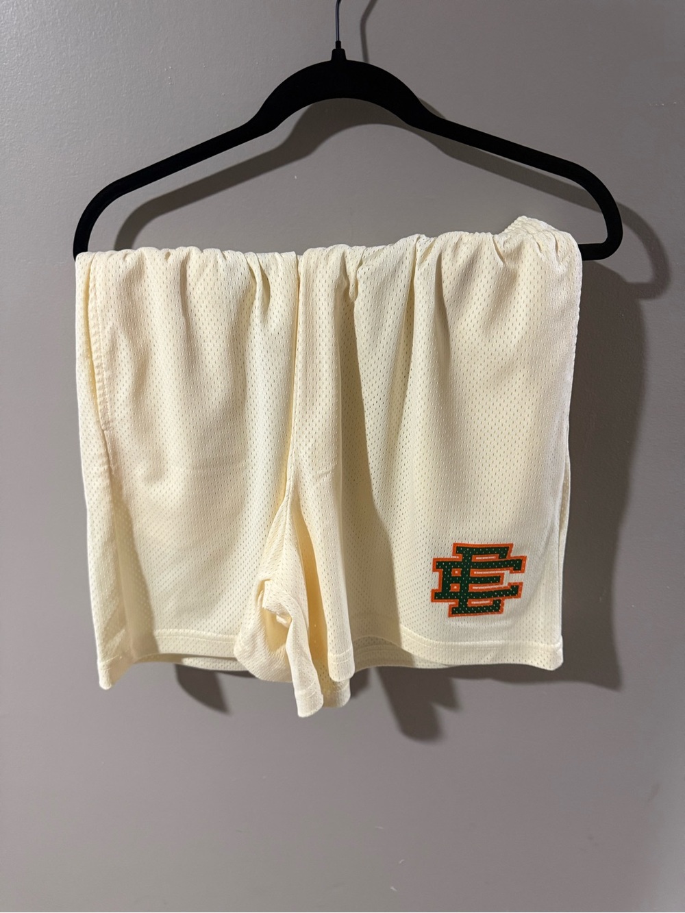 Eric Emanuel Cream Athletic Mesh Shorts with Orange & Green Logo
